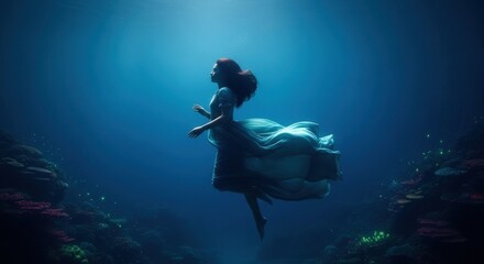 A woman with red hair in a dress floats gracefully underwater in a deep blue ocean environment scene