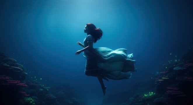 A woman with red hair in a dress floats gracefully underwater in a deep blue ocean environment scene - Powered by Adobe
