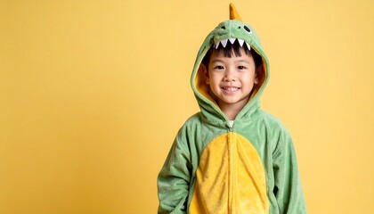 Naklejka premium Happy child in dinosaur costume.