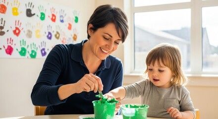 A woman and a child are painting with green paint in a bright room with handprints on the wall