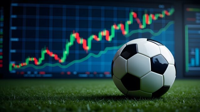 Financial Market Trends And Soccer Investment Opportunities AFootball On Green Grass Against ABackdrop Of AStock Market Chart Showing Growth And Potential Returns - Powered by Adobe