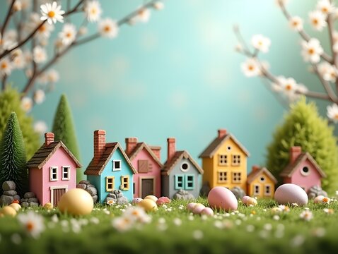 easter village with houses, trees and flowers