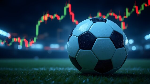 Wet Soccer Ball Night Game Under Lights Candlestick Chart Reflecting Financial Markets Investment Opportunities - Powered by Adobe