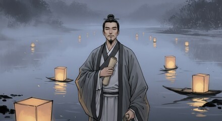 Man in traditional robe holding scroll standing near water with floating lanterns in the evening light