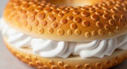 A close up shot of a bagel with cream cheese filling showing the texture and details of the food item
