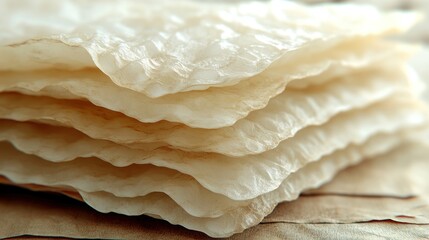 Stacked sheets of delicate, light-cream colored paper. Close-up view