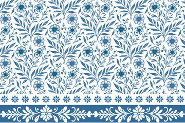 border embroidery simple petal sketch.blue floral seamless fashion leaves.trendy texture wallpaper outline.modern textile home hand drawn.elegant one line pattern floral

