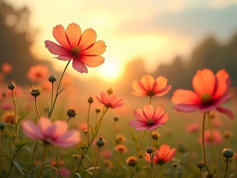 Cosmos stems wave through meadow spaces in autumn breezes, wallpaper
