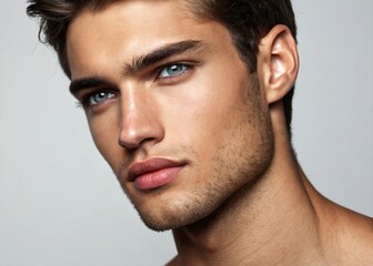 Obraz premium Close-up portrait of a handsome young man with serious eyes and casual expression