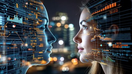 Technology meets human expression as a woman engages with a digital interface showing data analytics in a city backdrop at night - Powered by Adobe