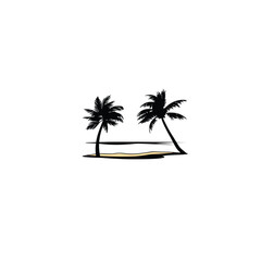 A serene beach with palm trees swaying in the wind on white background