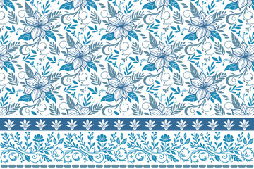 seamless sketch floral stems blue.fashion botanical white background hand drawn.modern texture border embroidery outline.simple petal clean design elements.one line floral wallpaper

