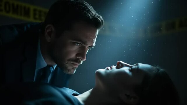 Intense Crime Scene Investigation: Detective Examines Victim Under Spotlights and Caution Tape