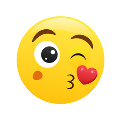 Fototapeta premium Emoji happy with kiss marks on his cheeks. Emotion 3d cartoon icon. Yellow round emoticon. Vector illustration