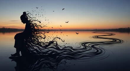 Silhouette of a woman sitting by the water with birds flying at sunset in a surreal composition