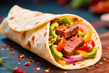 A savory steak and vegetable wrap, bursting with vibrant colors, rests on a dark surface