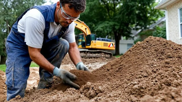 Worker in safety gear digs into soil while preparing for landscaping in a suburban yard during daylight hours with machinery close