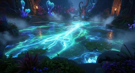 A mystical lagoon with glowing water surrounded by strange flora in a dark and enchanting environment