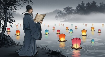 Man in traditional robe reading near lake with floating lanterns in misty landscape illustration