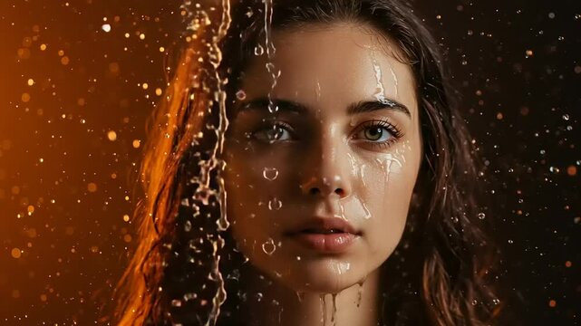 Intense portrait of a beautiful woman with water cascading down her face in studio