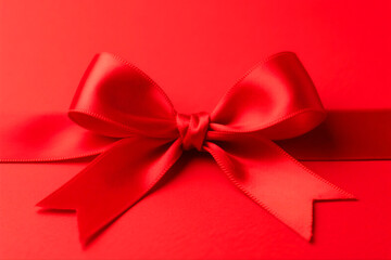 A vibrant red satin ribbon tied in a perfect bow rests on a matching red background