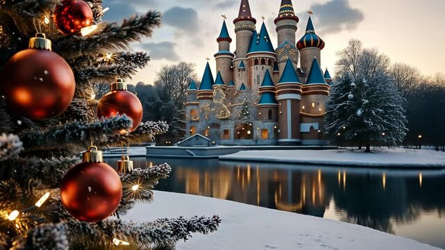 Decorated Christmas tree stands by peaceful water with an enchanting castle in the background, showcasing winter magic during sunset