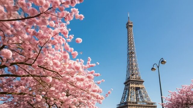 Pink blossoms and eiffel tower