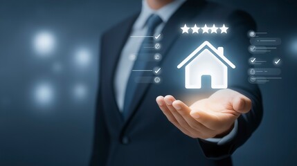 Businessman Showcasing Holographic House and 5-Star Rating – Real Estate Marketing, Property Quality, Trusted Agent, Digital Reviews, Sleek Modern Interface, Client Satisfaction