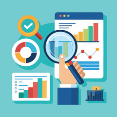 Fototapeta premium Flat design concept with business infographics, data analysis, and technology symbols for web and report illustrations