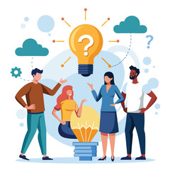 Business people with speech bubbles and question marks illustrating concepts of communication, ideas, and solutions for success