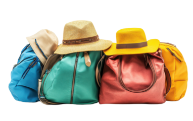 Row of colorful bags and hats, including a blue bag, a yellow bag, a green bag