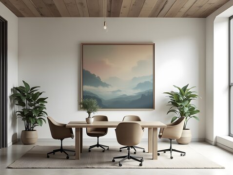 A modern office with a large painting on the wall