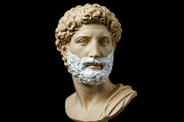 Classical Roman-style marble bust with realistic shaving foam applied to beard area against black background, blending ancient art with modern grooming humor