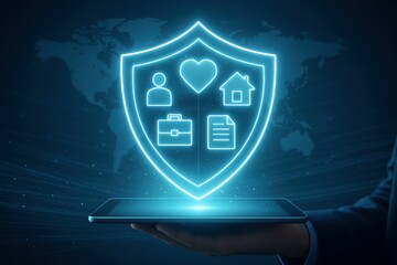 Fototapeta premium Futuristic digital shield hologram displaying protection icons for life, health, property, work, and documents above a tablet in a secure global network environment