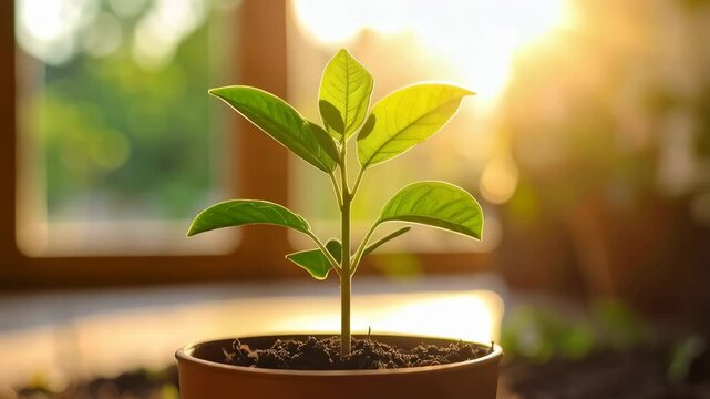 Small plant growing in a terracotta pot on a windowsill with bright, warm sunlight streaming through green trees outside.