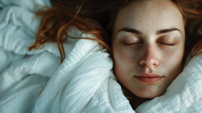 A serene young woman wrapped in soft blankets showcases tranquility and peace as she enjoys a restful sleep, embodying the importance of relaxation and self-care.