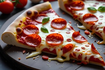 Hot pepperoni pizza slice with melted cheese