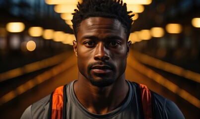 A focused male athlete is standing in an urban gym environment, showcasing determination and strength, captured in dramatic lighting that emphasizes his dedication.