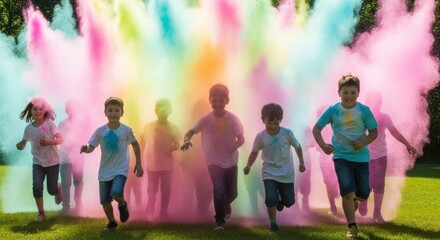 A group of children running through a cloud of colorful powder in an outdoor setting with green grass