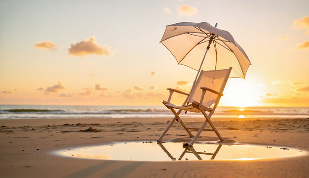 Beach chair and umbrella beside reflective water at sunset  