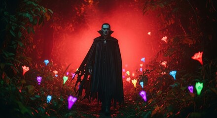 A vampire in a dark cloak standing in a field of glowing flowers under a red light in a forest scene