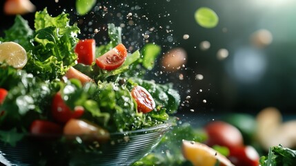 A fresh and vibrant salad comes to life as its ingredients splash in a bowl, highlighting the excitement of healthy eating and the refreshing burst of flavors from nature.