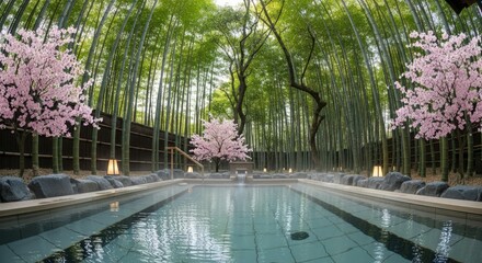 Tranquil onsen surrounded by bamboo forest and cherry blossom trees in a serene japanese garden