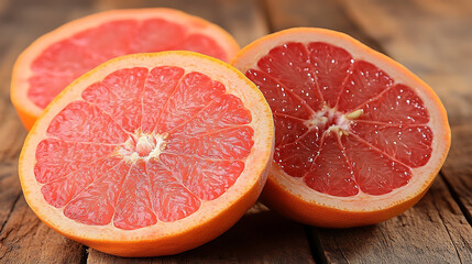 Juicy Grapefruit Halves on Rustic Wooden Background