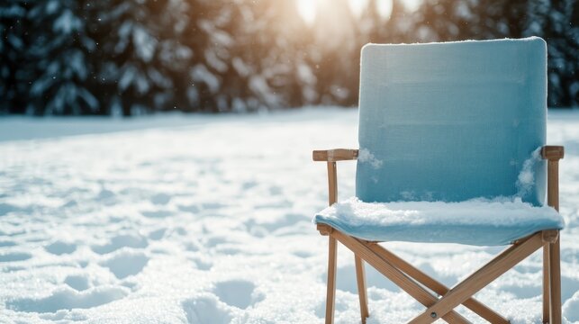 A single blue chair covered in fresh snow in a serene winter landscape, symbolizing solitude and reflection amidst the peaceful beauty of nature during the winter season. - Powered by Adobe