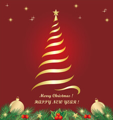 Happy New Year 2026. Holiday background with Christmas tree and decorations made of fir branches, rowan berries and balls. Vector illustration for festive design of greeting card, poster, backdrops.