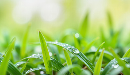 Close-up of fresh green grass with dew drops in natural light  
