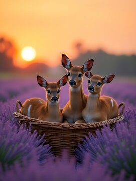 A serene scene of a deer family in a basket amidst a lavender field at sunset.