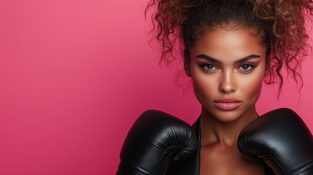 This striking image showcases a strong woman wearing boxing gloves, embodying power and confidence against a vibrant pink background that adds a pop of dynamic energy. - Powered by Adobe