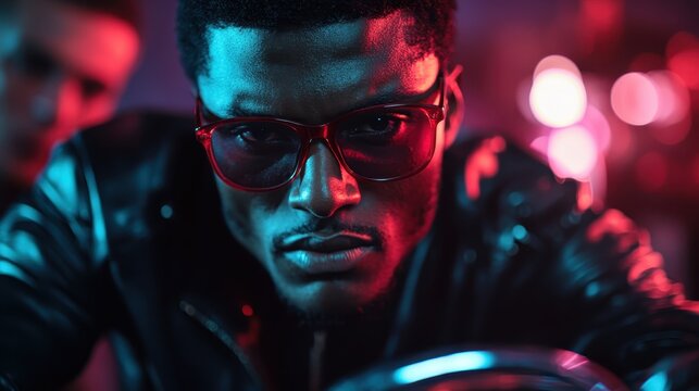 A captivating portrait of a stylish man wearing sunglasses, exuding confidence and charisma in a vibrant and colorful setting filled with dramatic lighting effects.
